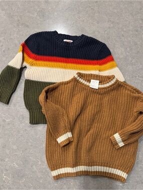 Chunky Knit Brown Sweater with Cream Stripe Trim